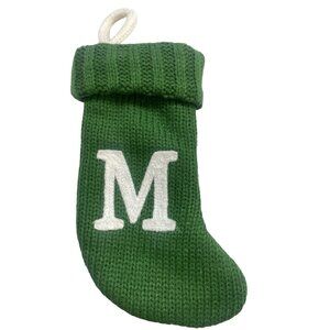 Green Knit Christmas Stocking With White Initial "M" 8 Inches